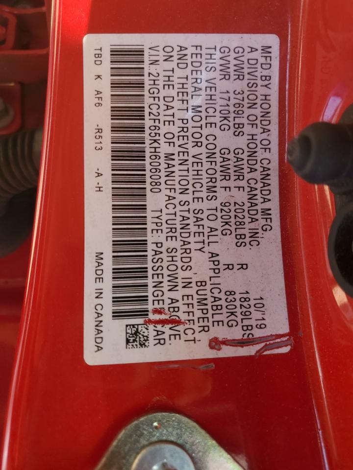 2019 Honda Civic Lx VIN: 2HGFC2F65KH606080 Lot: 84589745