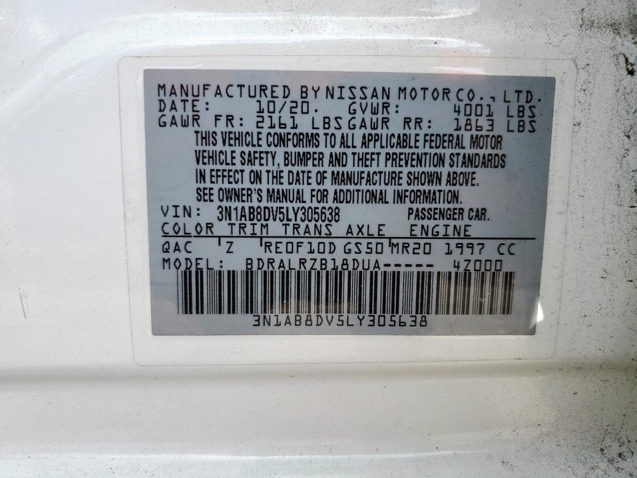 2020 Nissan Sentra Sr VIN: 3N1AB8DV5LY305638 Lot: 82157365