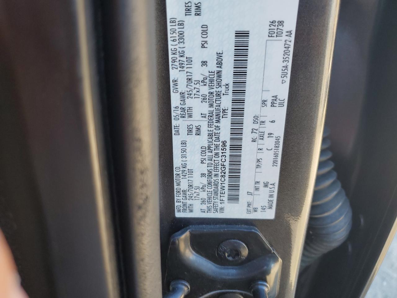 2016 Ford F150 Supercrew VIN: 1FTEW1C82GFC31596 Lot: 82512435