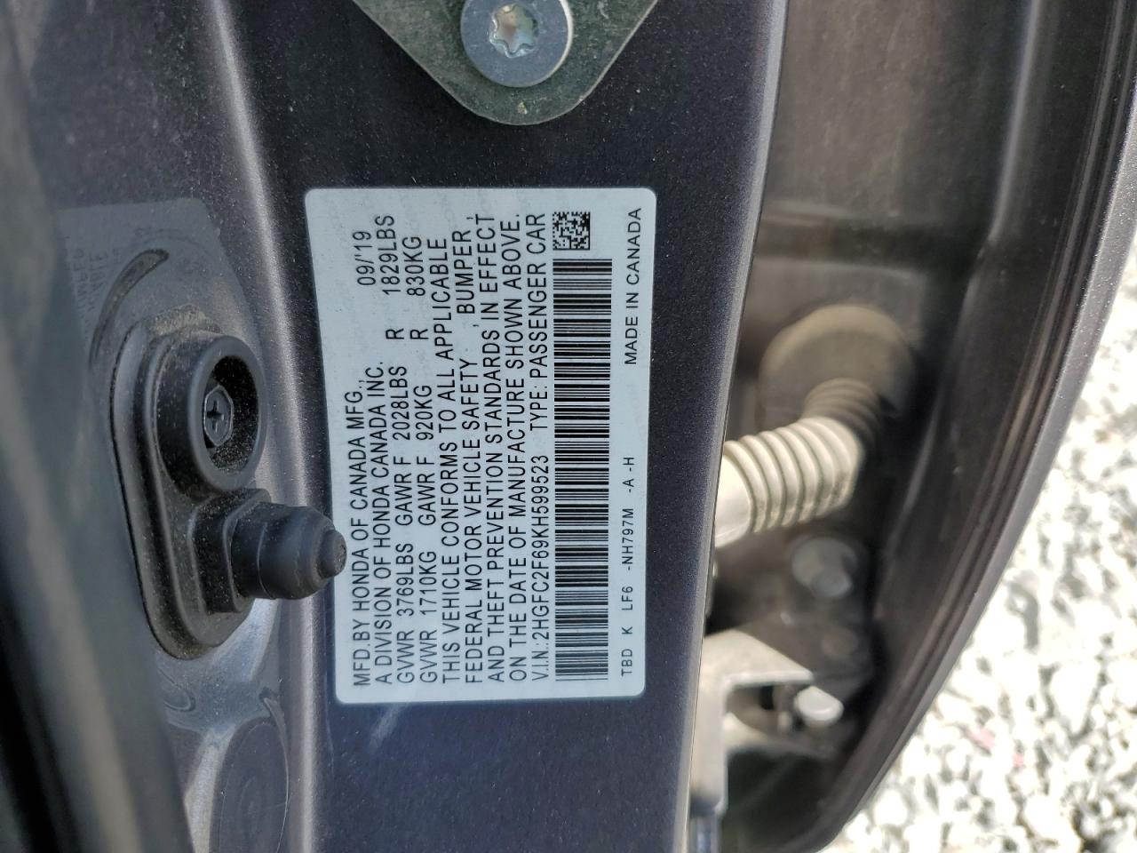 2019 Honda Civic Lx VIN: 2HGFC2F69KH599523 Lot: 84730905