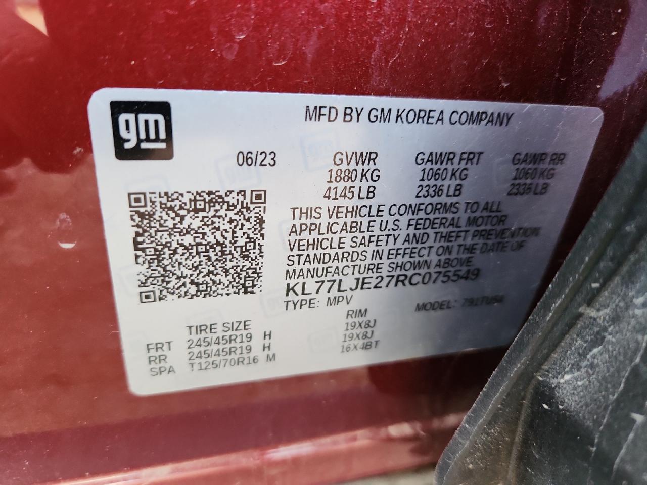 2024 Chevrolet Trax 2Rs VIN: KL77LJE27RC075549 Lot: 89831515