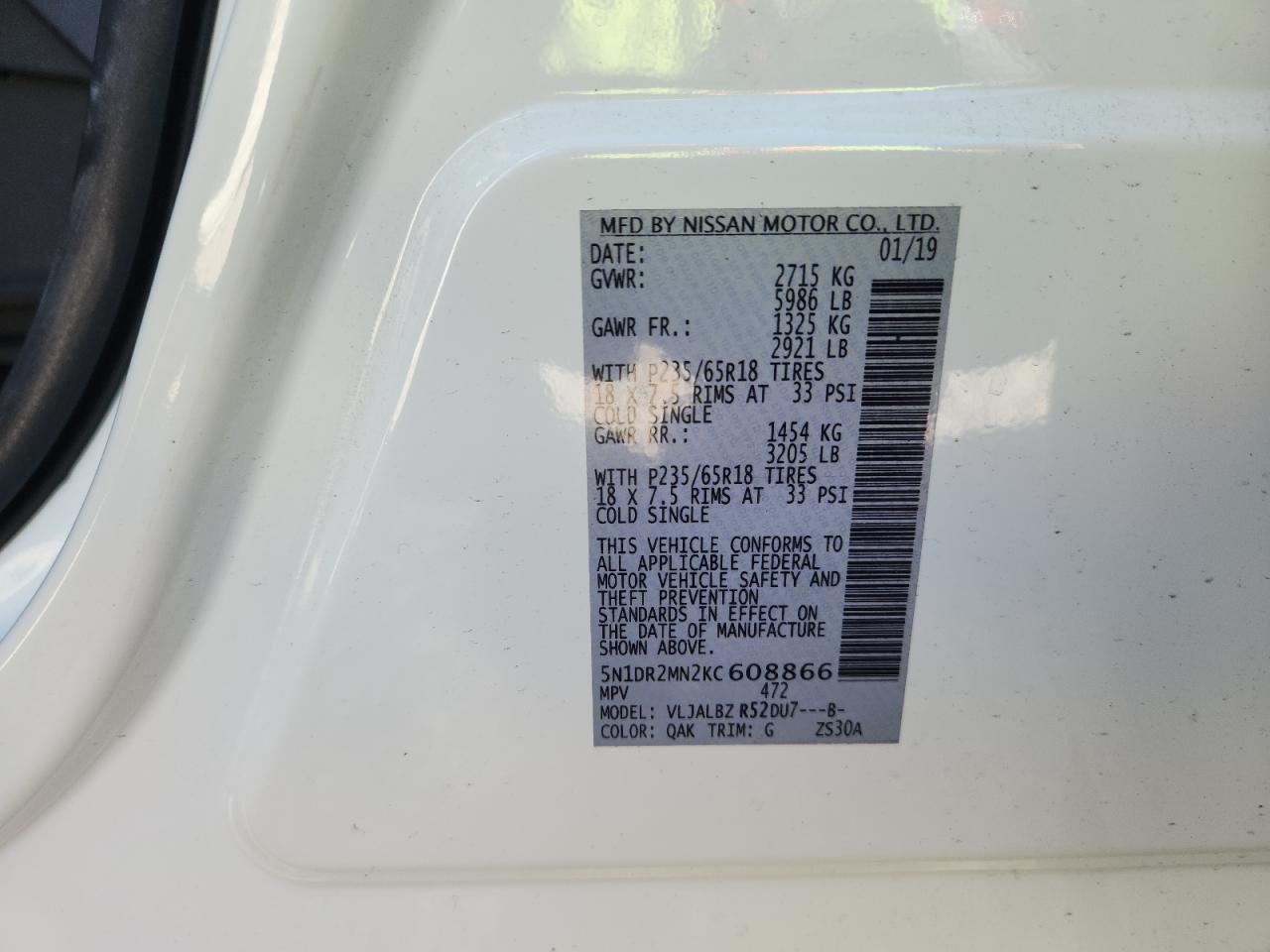 2019 Nissan Pathfinder S VIN: 5N1DR2MN2KC608866 Lot: 82311835