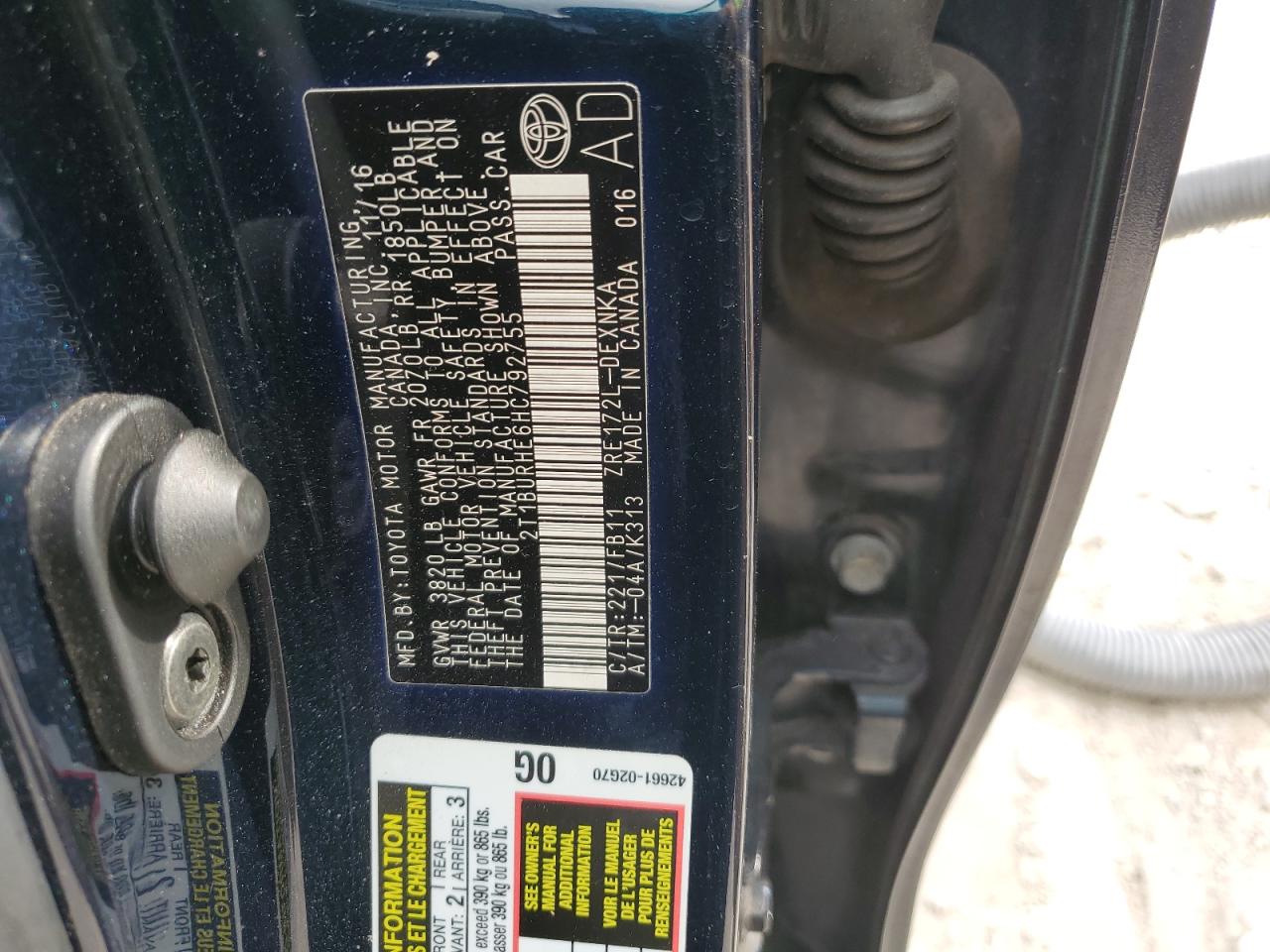 2017 Toyota Corolla L VIN: 2T1BURHE6HC792755 Lot: 86848825