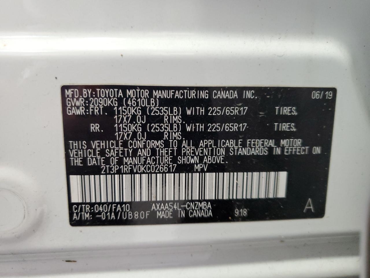 2019 Toyota Rav4 Xle VIN: 2T3P1RFV0KC026617 Lot: 85146265