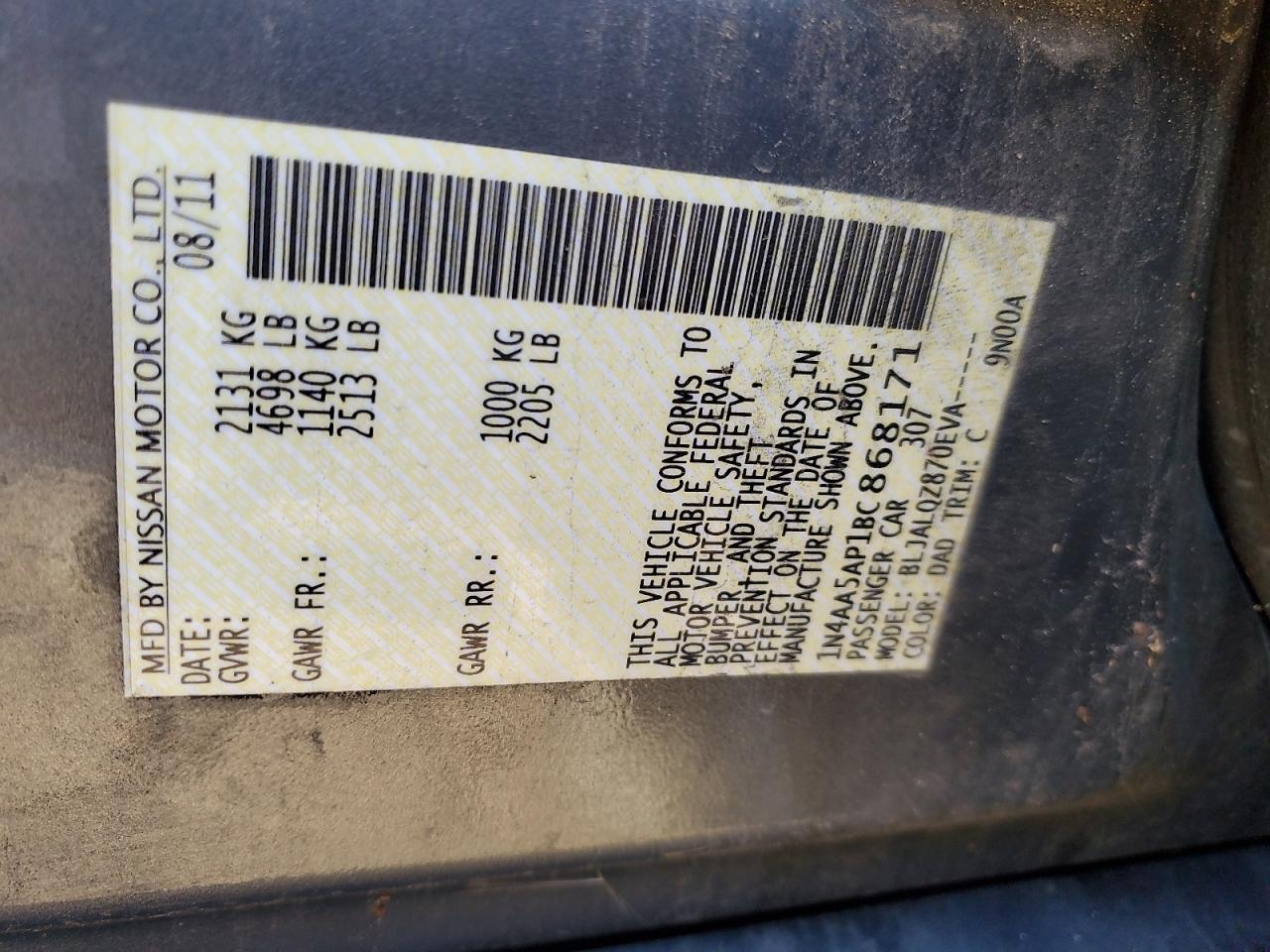 2011 Nissan Maxima S VIN: 1N4AA5AP1BC868171 Lot: 86630255