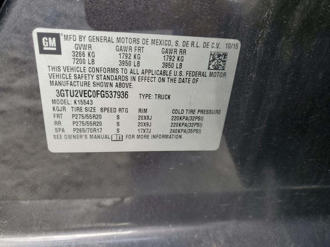 2015 GMC Sierra K1500 Slt VIN: 3GTU2VEC0FG537936 Lot: 86983415