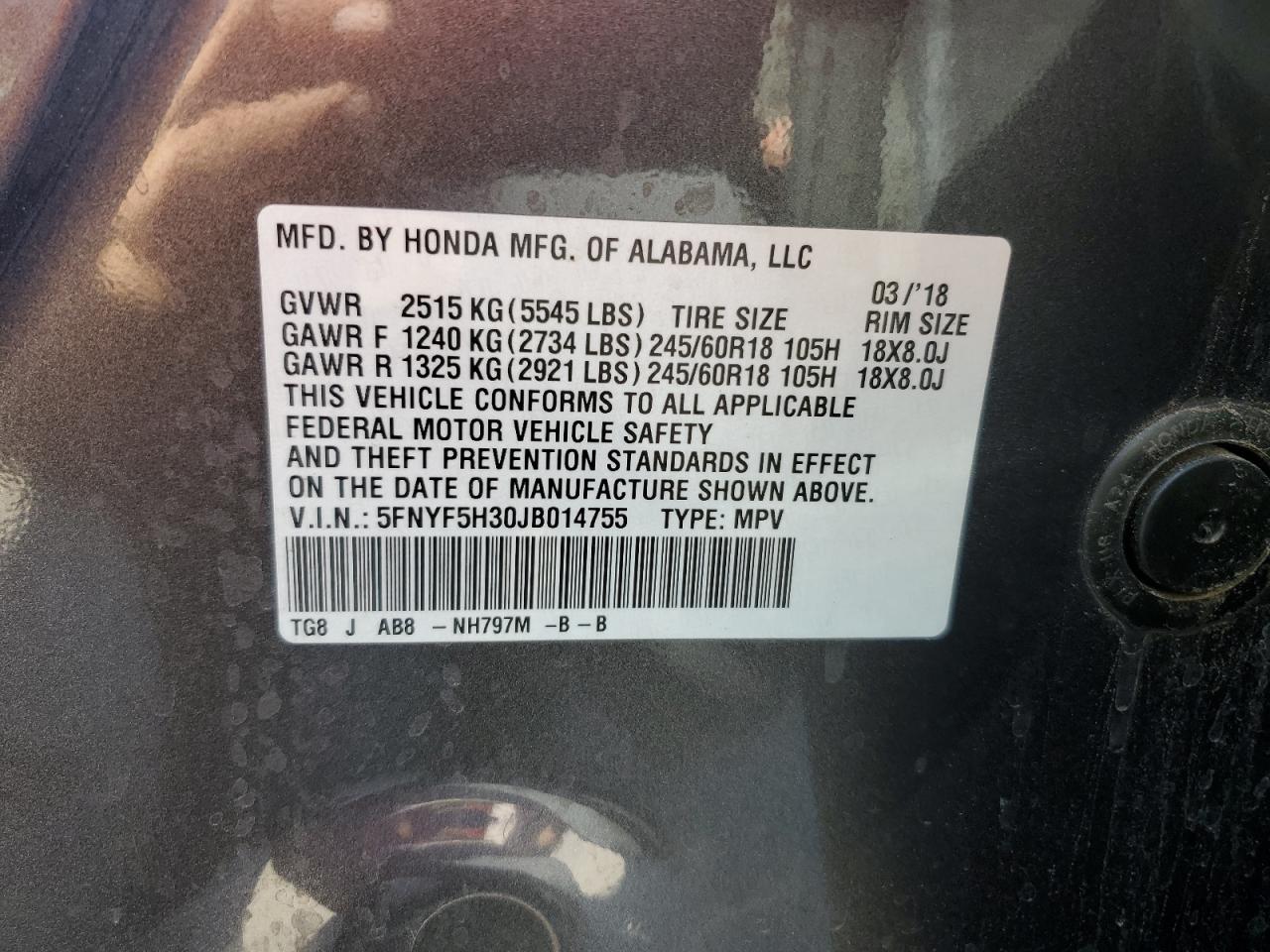 2018 Honda Pilot Ex VIN: 5FNYF5H30JB014755 Lot: 82252765