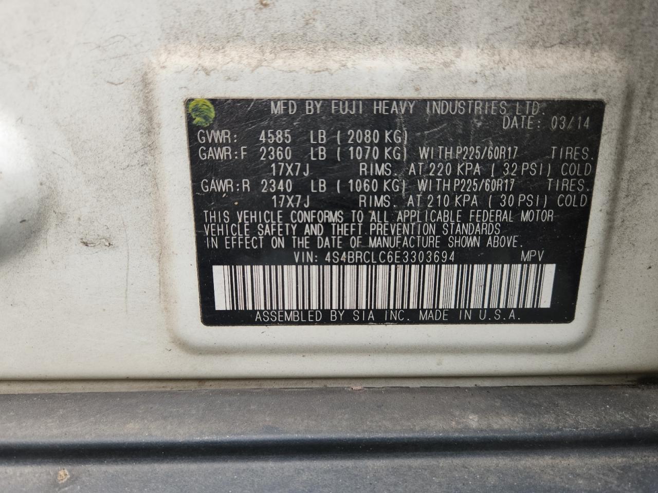 2014 Subaru Outback 2.5I Limited VIN: 4S4BRCLC6E3303694 Lot: 85183695