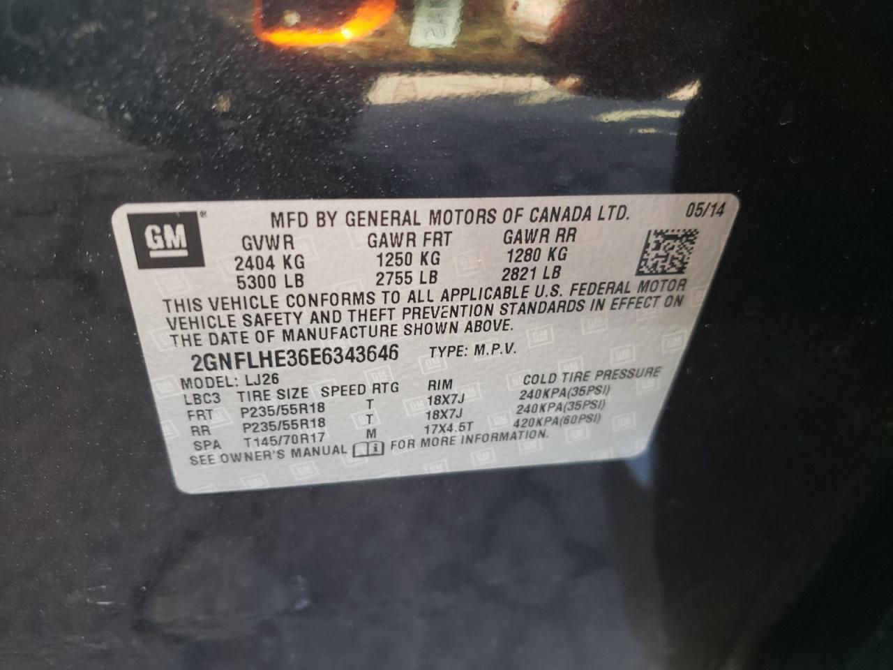 2014 Chevrolet Equinox Ltz VIN: 2GNFLHE36E6343646 Lot: 86110905