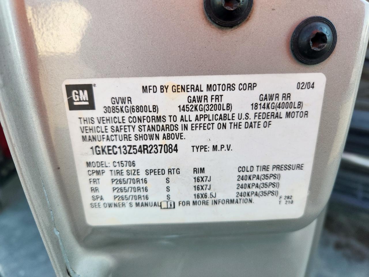 2004 GMC Yukon VIN: 1GKEC13Z54R237084 Lot: 81972575