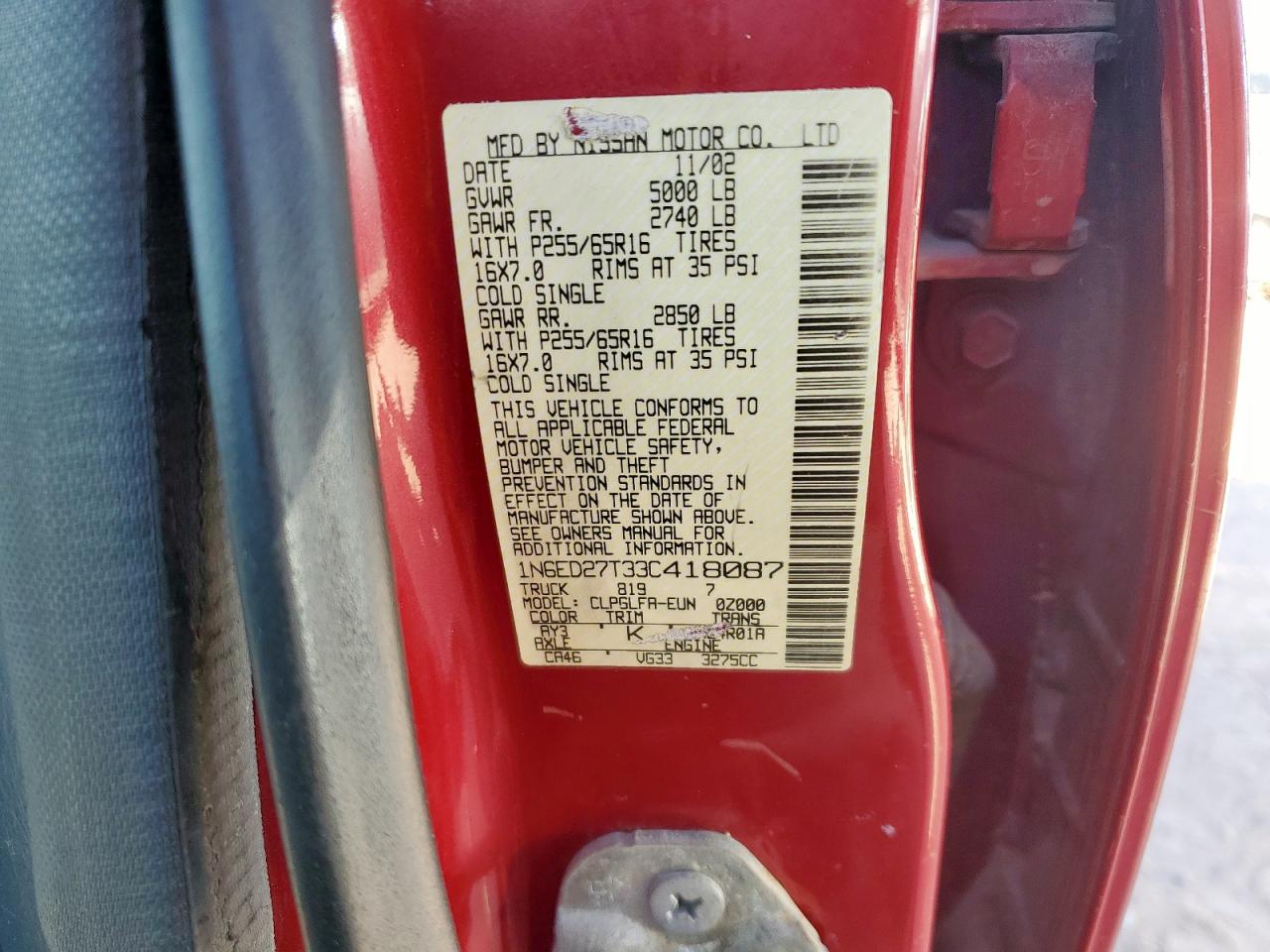 2003 Nissan Frontier Crew Cab Xe VIN: 1N6ED27T33C418087 Lot: 87477285