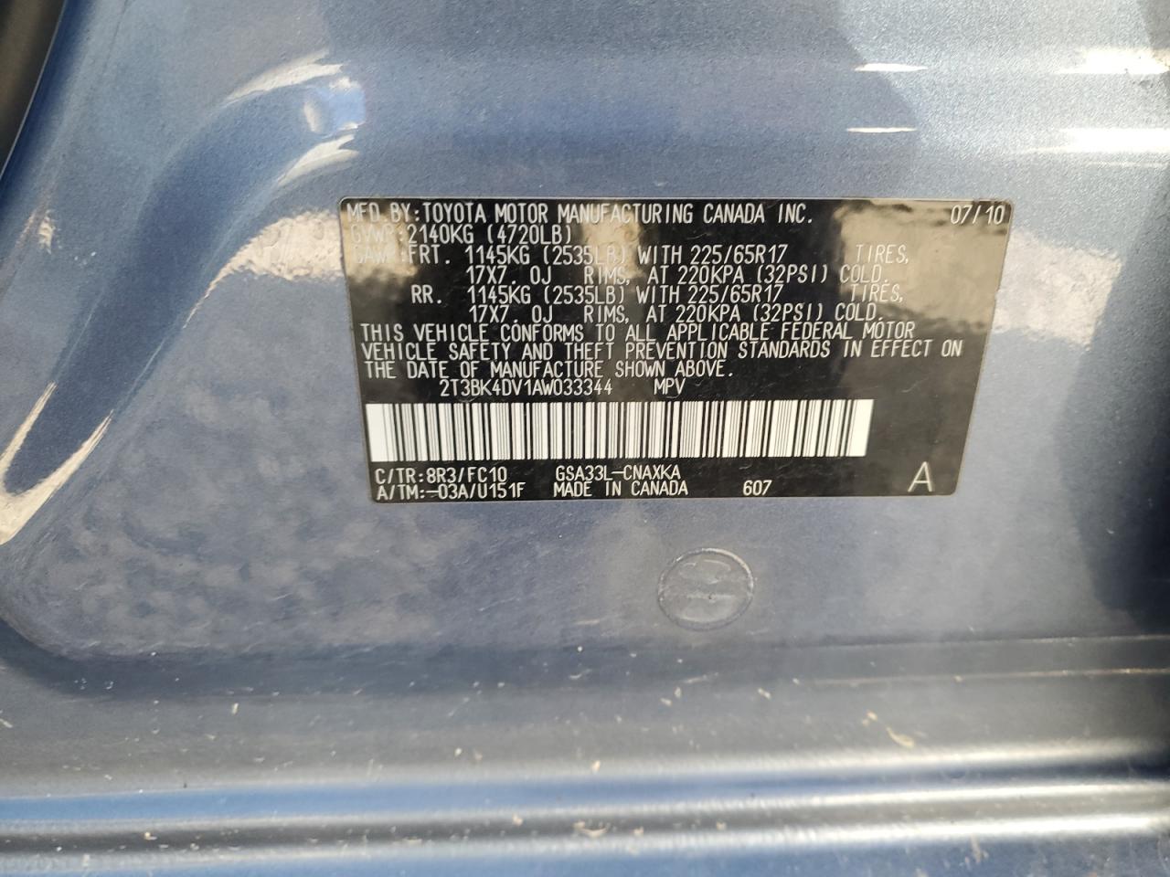 2010 Toyota Rav4 VIN: 2T3BK4DV1AW033344 Lot: 87067295