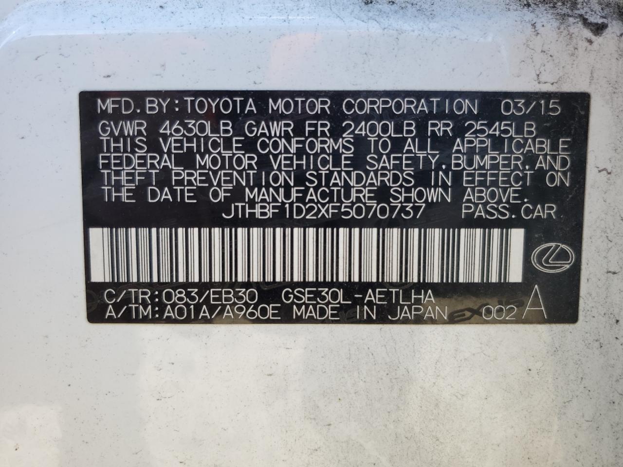 2015 Lexus Is 250 VIN: JTHBF1D2XF5070737 Lot: 87003595