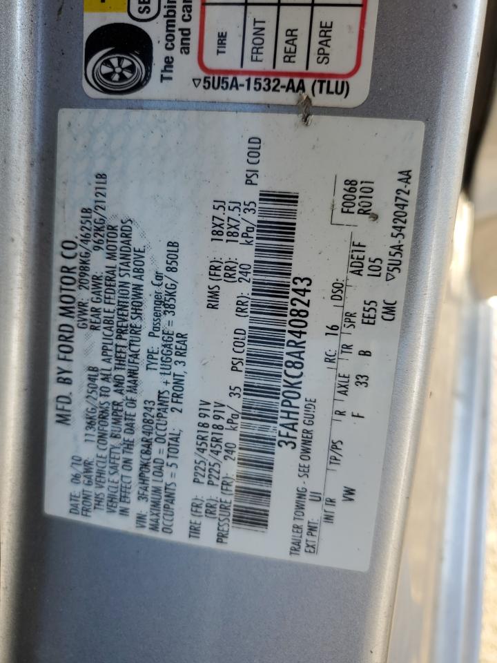 2010 Ford Fusion Sport VIN: 3FAHP0KC8AR408243 Lot: 82217225