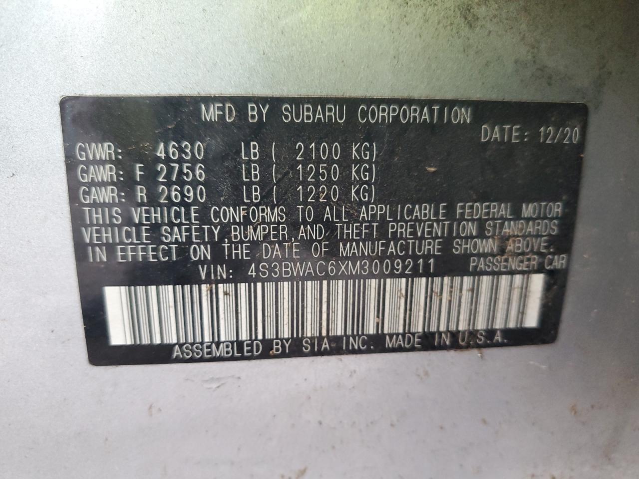 2021 Subaru Legacy Premium VIN: 4S3BWAC6XM3009211 Lot: 90706645