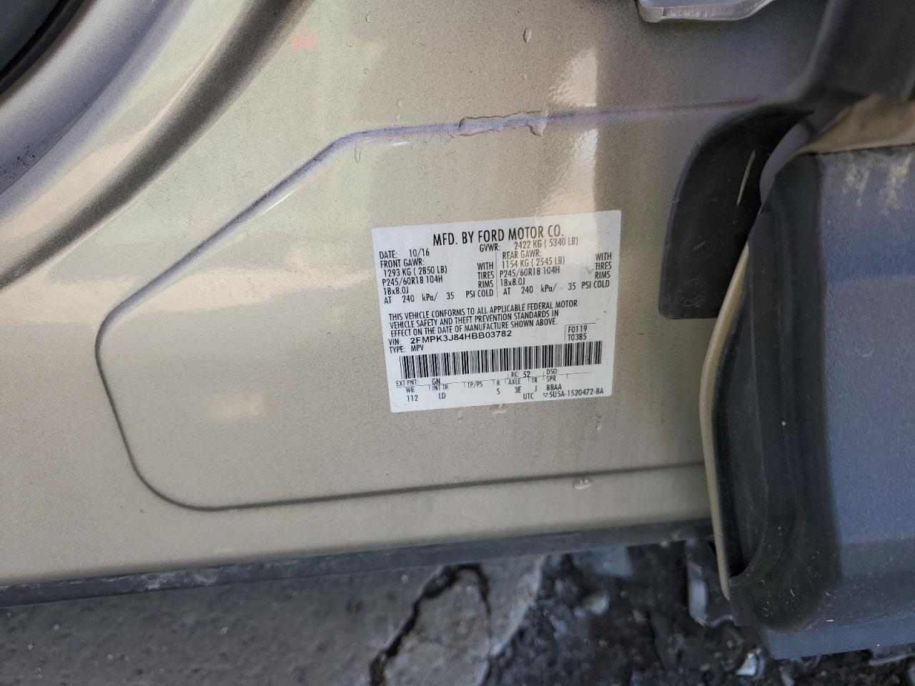 2017 Ford Edge Sel VIN: 2FMPK3J84HBB03782 Lot: 82248265