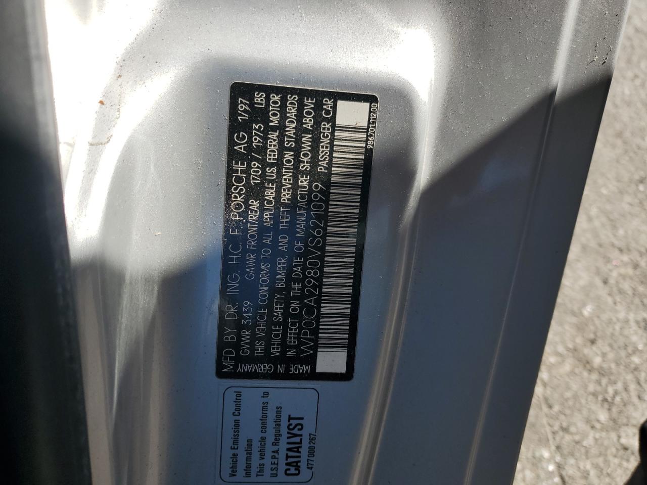 1997 Porsche Boxster VIN: WP0CA2980VS621099 Lot: 89453635