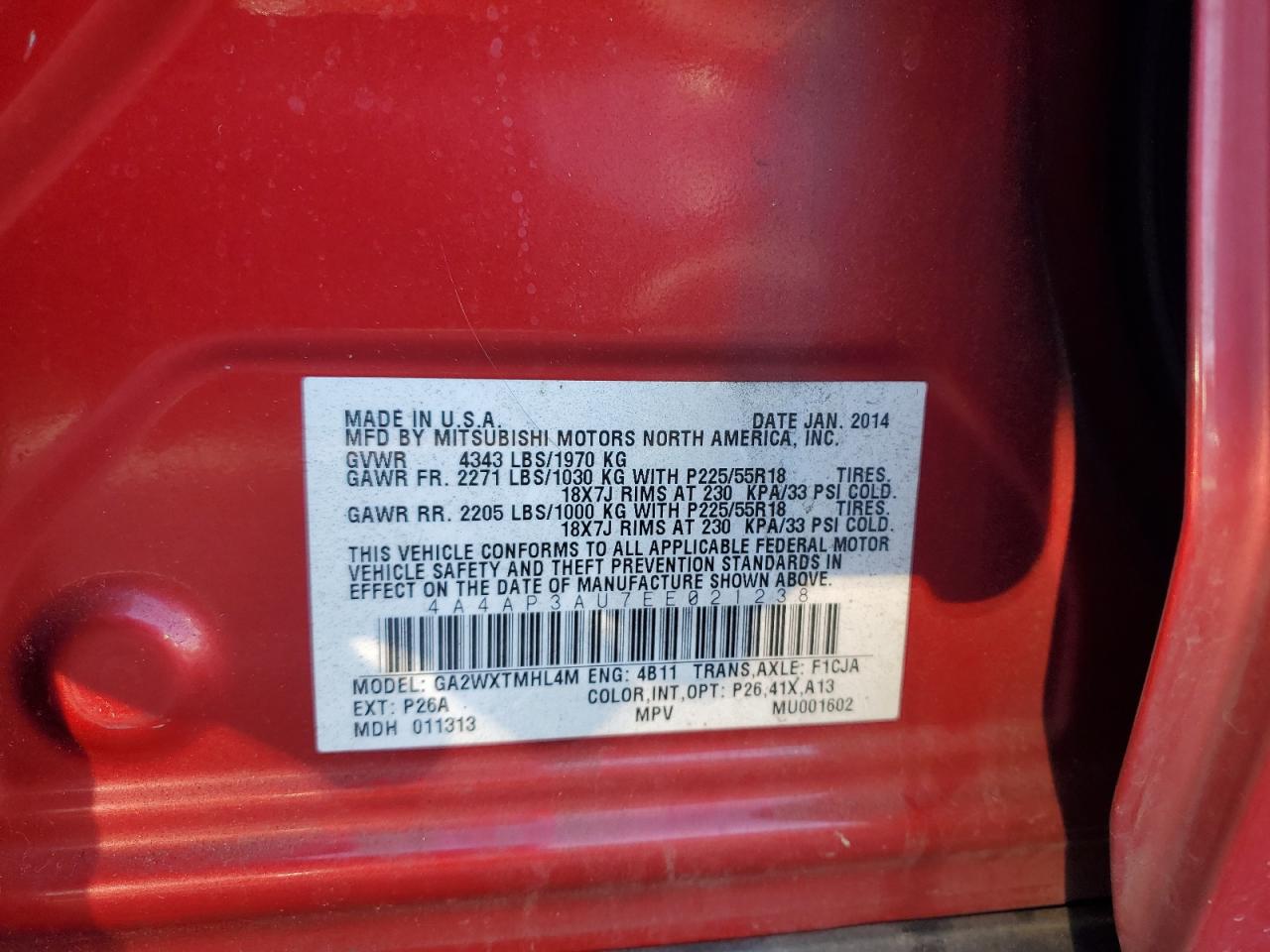 2014 Mitsubishi Outlander Sport Es VIN: 4A4AP3AU7EE021238 Lot: 86712855