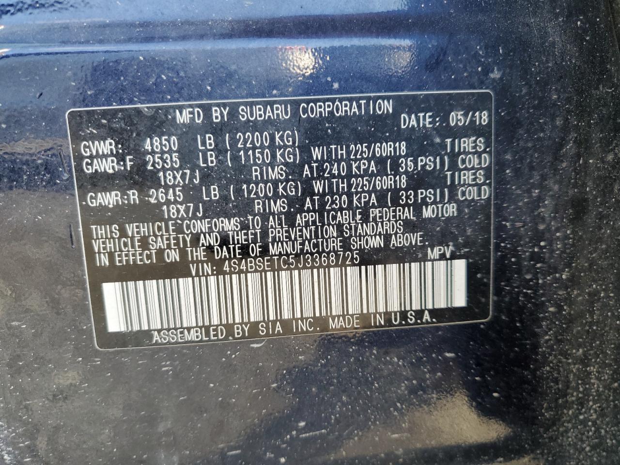 2018 Subaru Outback Touring VIN: 4S4BSETC5J3368725 Lot: 86174455