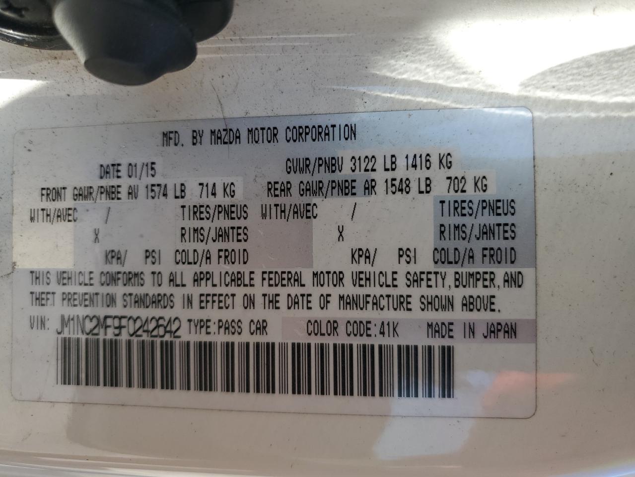 2015 Mazda Mx-5 Miata Club VIN: JM1NC2MF9F0242642 Lot: 86786085