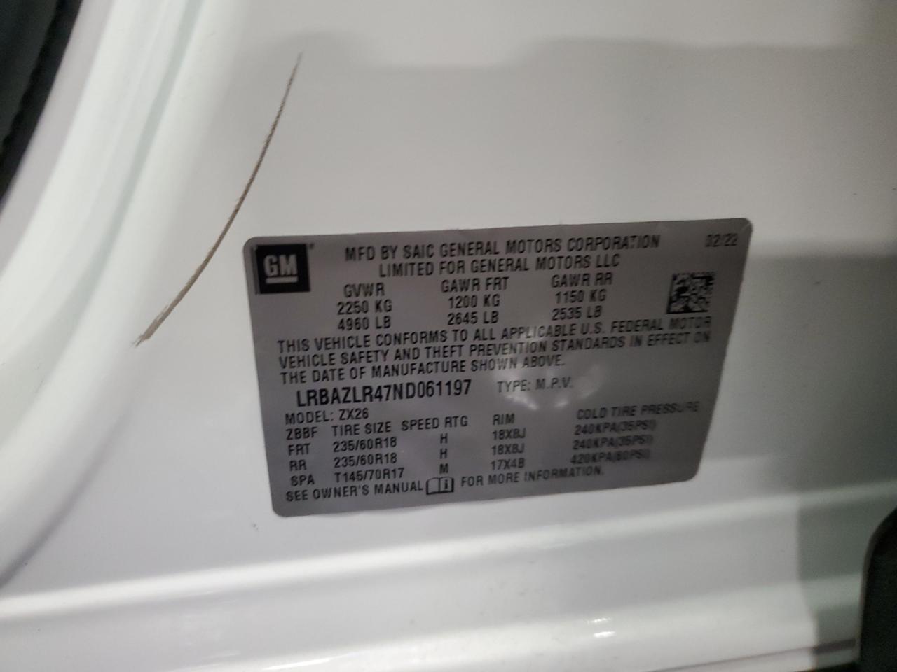 2022 Buick Envision Preferred VIN: LRBAZLR47ND061197 Lot: 86860675