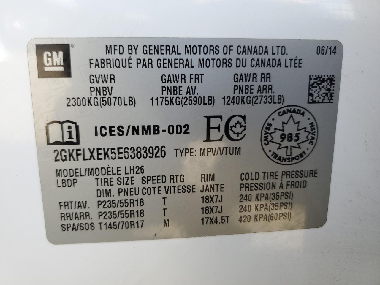 2014 GMC Terrain Slt VIN: 2GKFLXEK5E6383926 Lot: 85736885