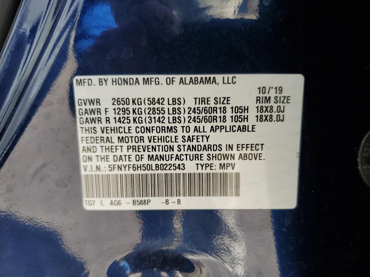 2020 Honda Pilot Exl VIN: 5FNYF6H50LB022543 Lot: 86406435