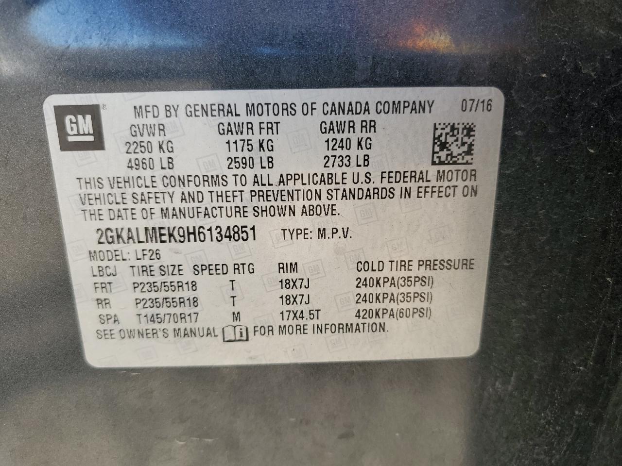 2017 GMC Terrain Sle VIN: 2GKALMEK9H6134851 Lot: 85859165