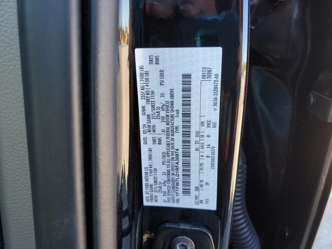 2024 Ford F150 Platinum VIN: 1FTFW7LD1RFA30974 Lot: 86878175