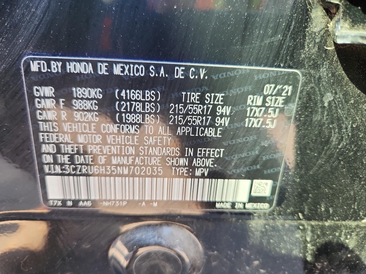 2022 Honda Hr-V Lx VIN: 3CZRU6H35NM702035 Lot: 86703135