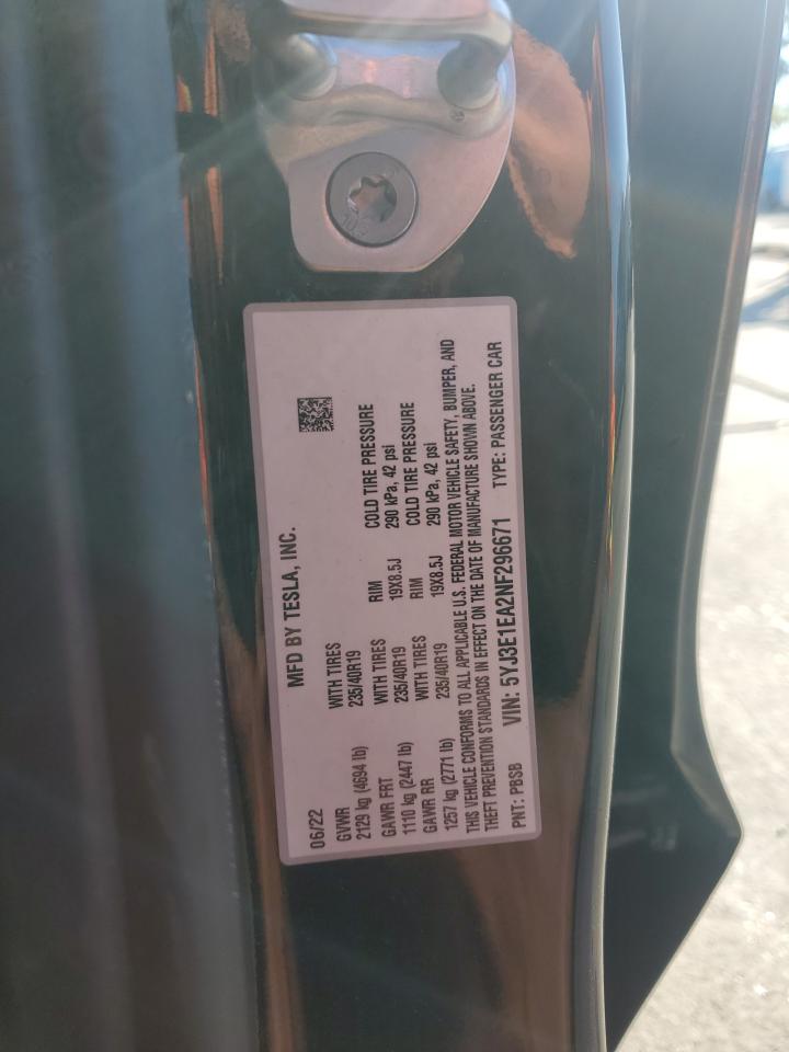2022 Tesla Model 3 VIN: 5YJ3E1EA2NF296671 Lot: 87030805