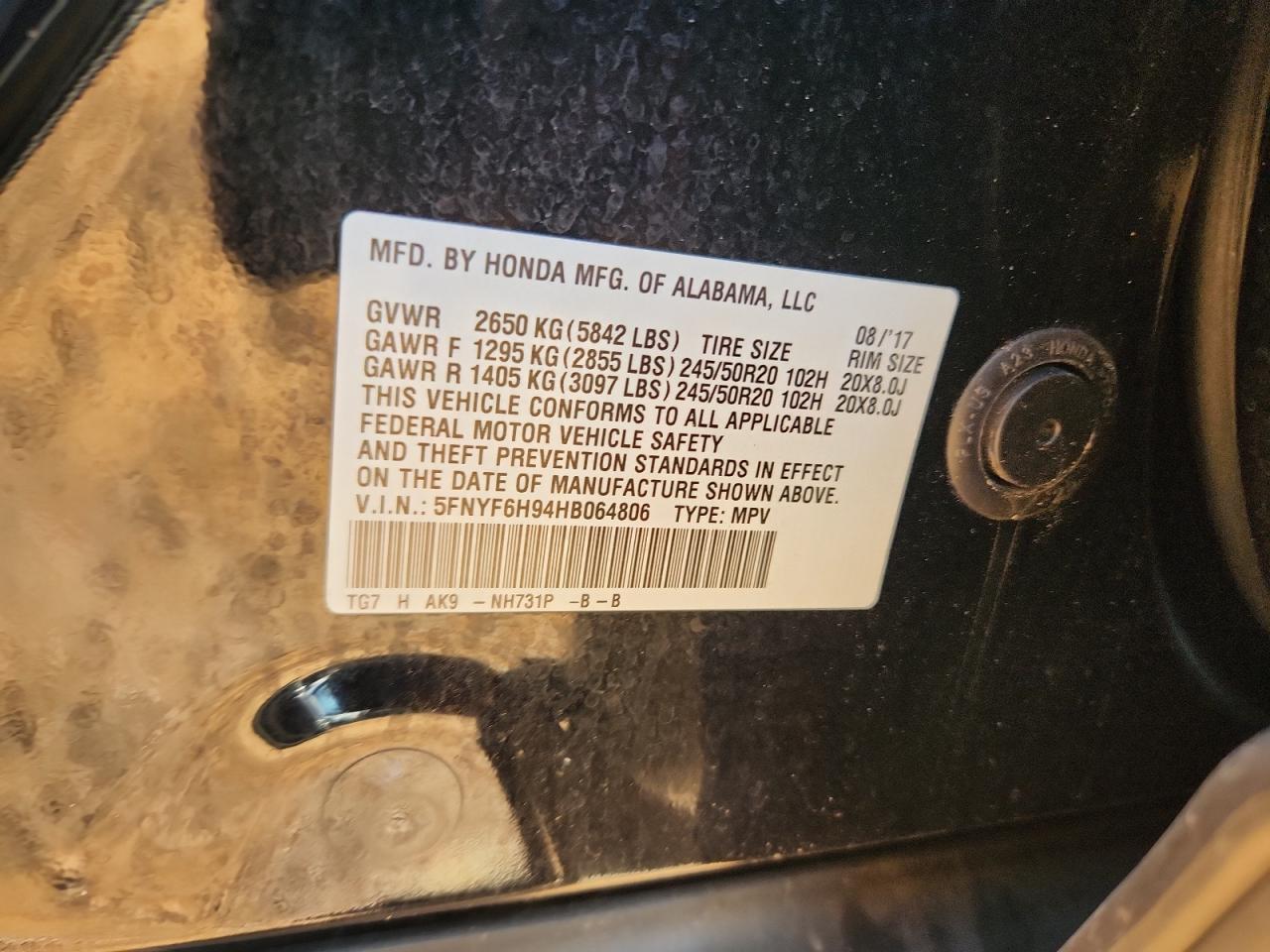 2017 Honda Pilot Touring VIN: 5FNYF6H94HB064806 Lot: 90377105