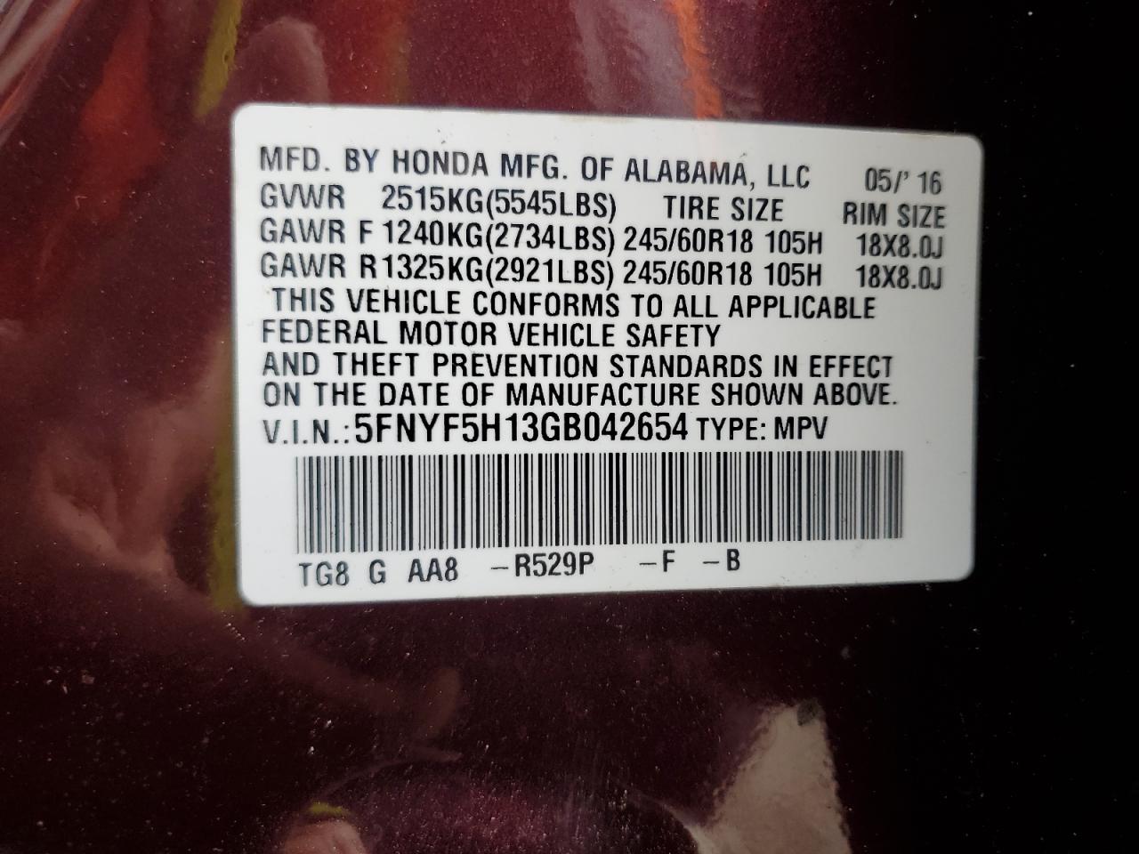 2016 Honda Pilot Lx VIN: 5FNYF5H13GB042654 Lot: 81927295