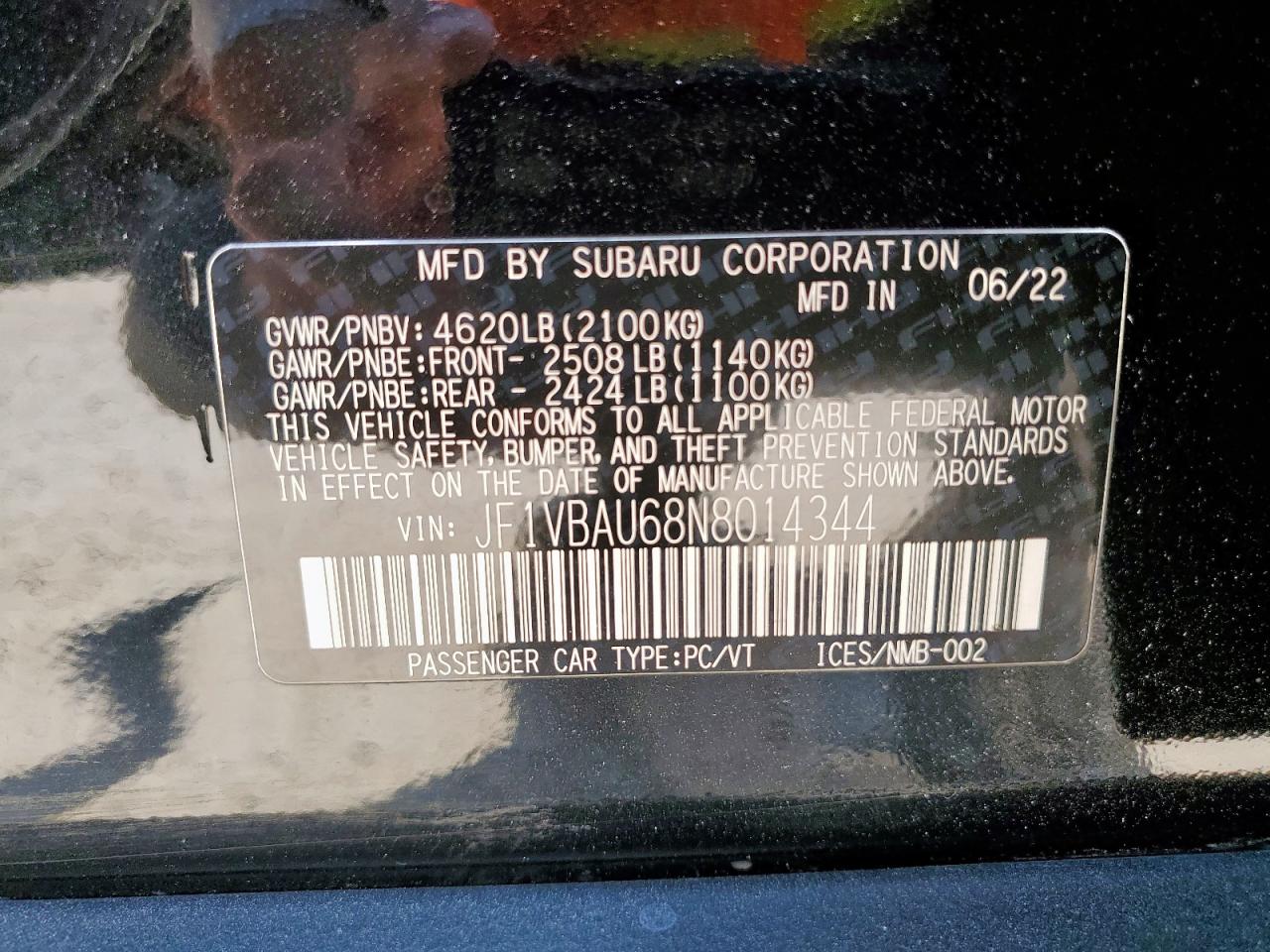 2022 Subaru Wrx Gt VIN: JF1VBAU68N8014344 Lot: 85139315