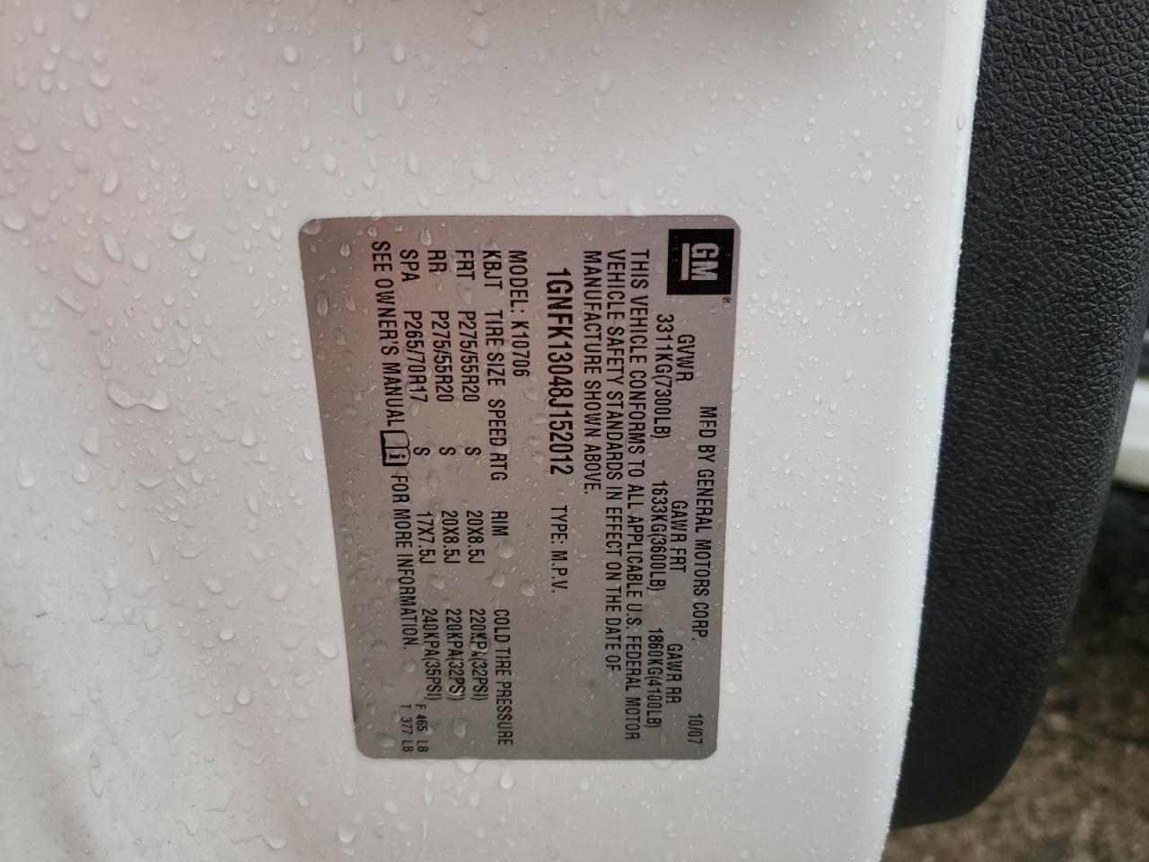 2008 Chevrolet Tahoe K1500 VIN: 1GNFK13048J152012 Lot: 85315435