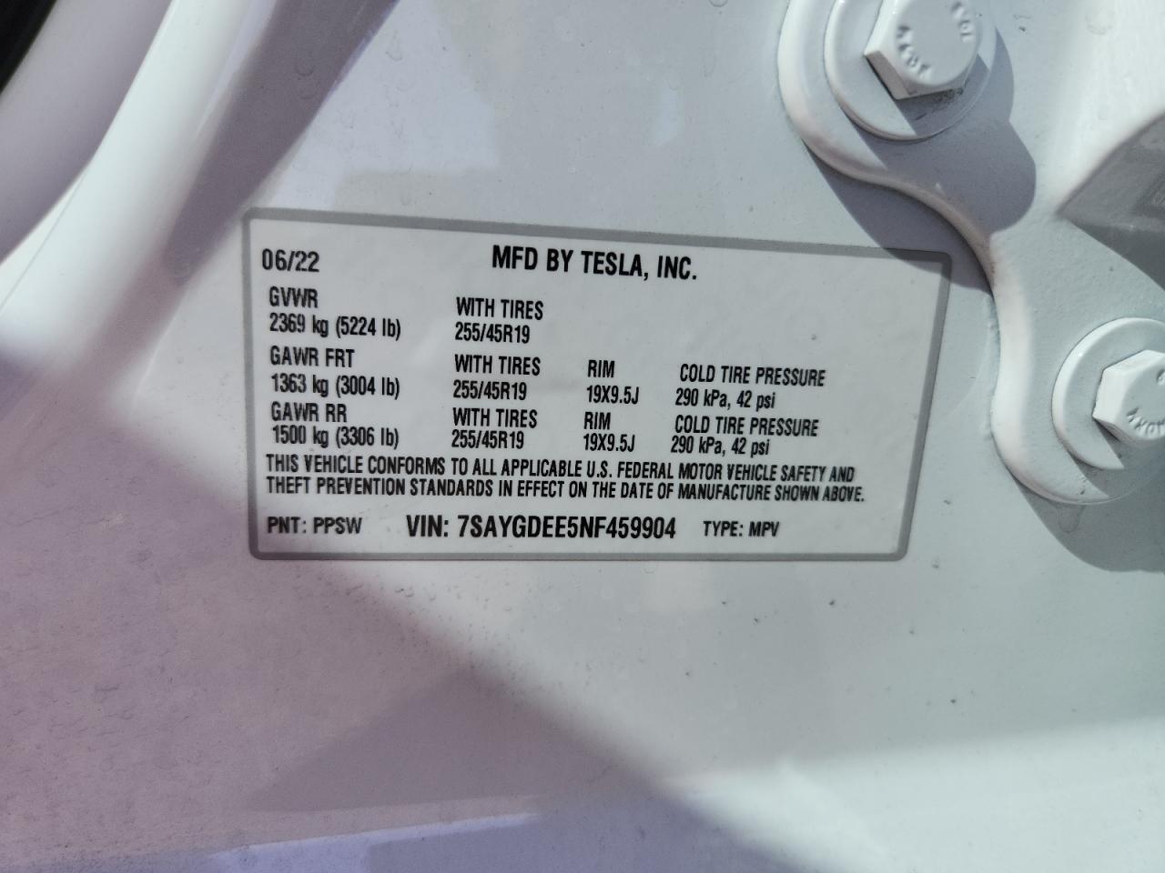 2022 Tesla Model Y VIN: 7SAYGDEE5NF459904 Lot: 82287125