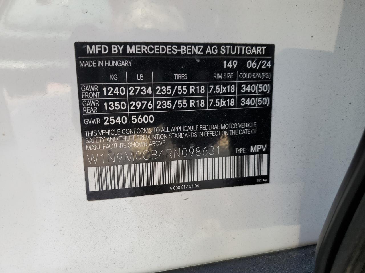 2024 Mercedes-Benz Eqb 250+ VIN: W1N9M0CB4RN098631 Lot: 81919775