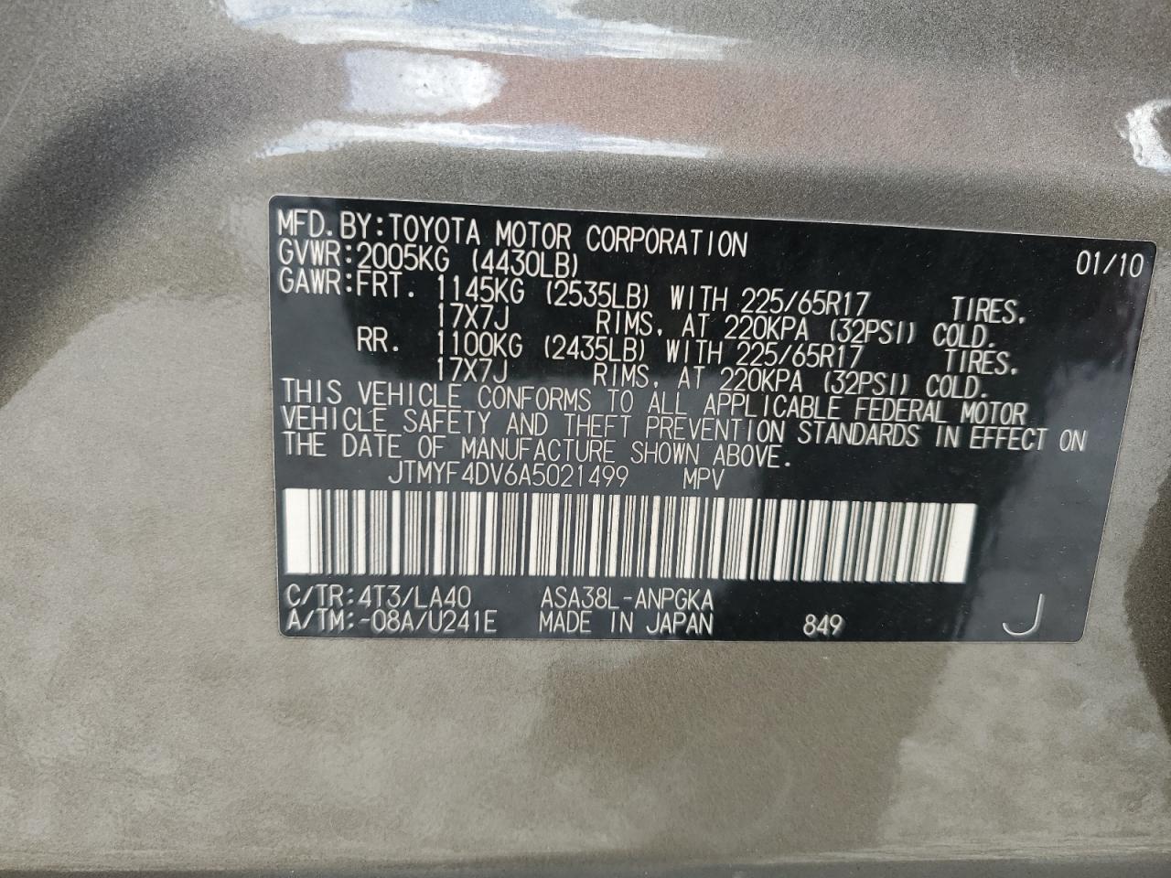 2010 Toyota Rav4 Limited VIN: JTMYF4DV6A5021499 Lot: 90142855