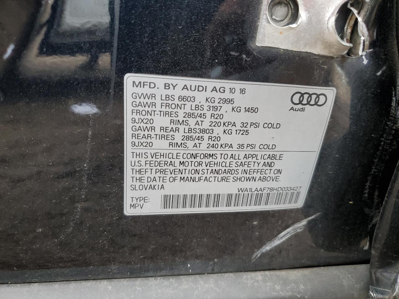 2017 Audi Q7 Premium Plus VIN: WA1LAAF78HD033427 Lot: 82260265