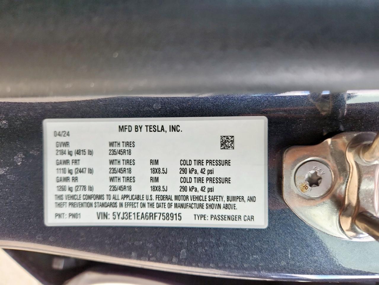 2024 Tesla Model 3 VIN: 5YJ3E1EA6RF758915 Lot: 89834555