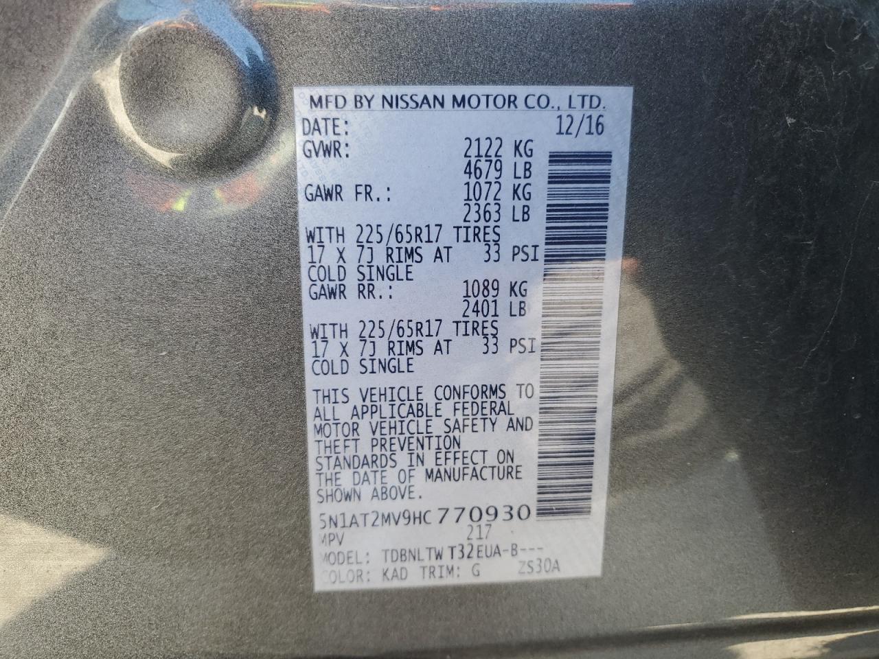 2017 Nissan Rogue Sv VIN: 5N1AT2MV9HC770930 Lot: 86084095