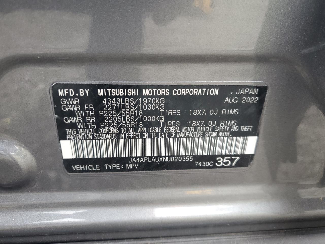 2022 Mitsubishi Outlander Sport Es VIN: JA4APUAUXNU020355 Lot: 82436375