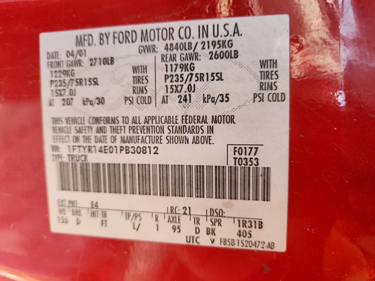 2001 Ford Ranger Super Cab VIN: 1FTYR14E01PB30812 Lot: 86184035