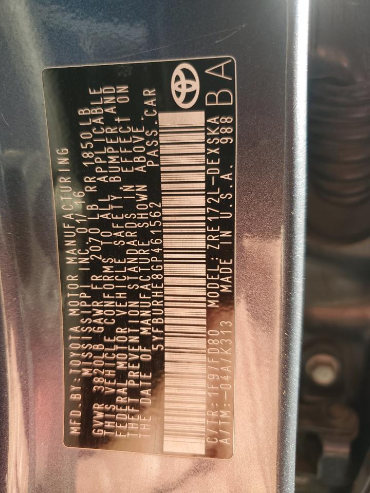 2016 Toyota Corolla L VIN: 5YFBURHE8GP461562 Lot: 84811575