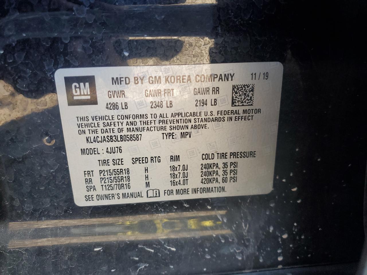 2020 Buick Encore Preferred VIN: KL4CJASB3LB058587 Lot: 82309165