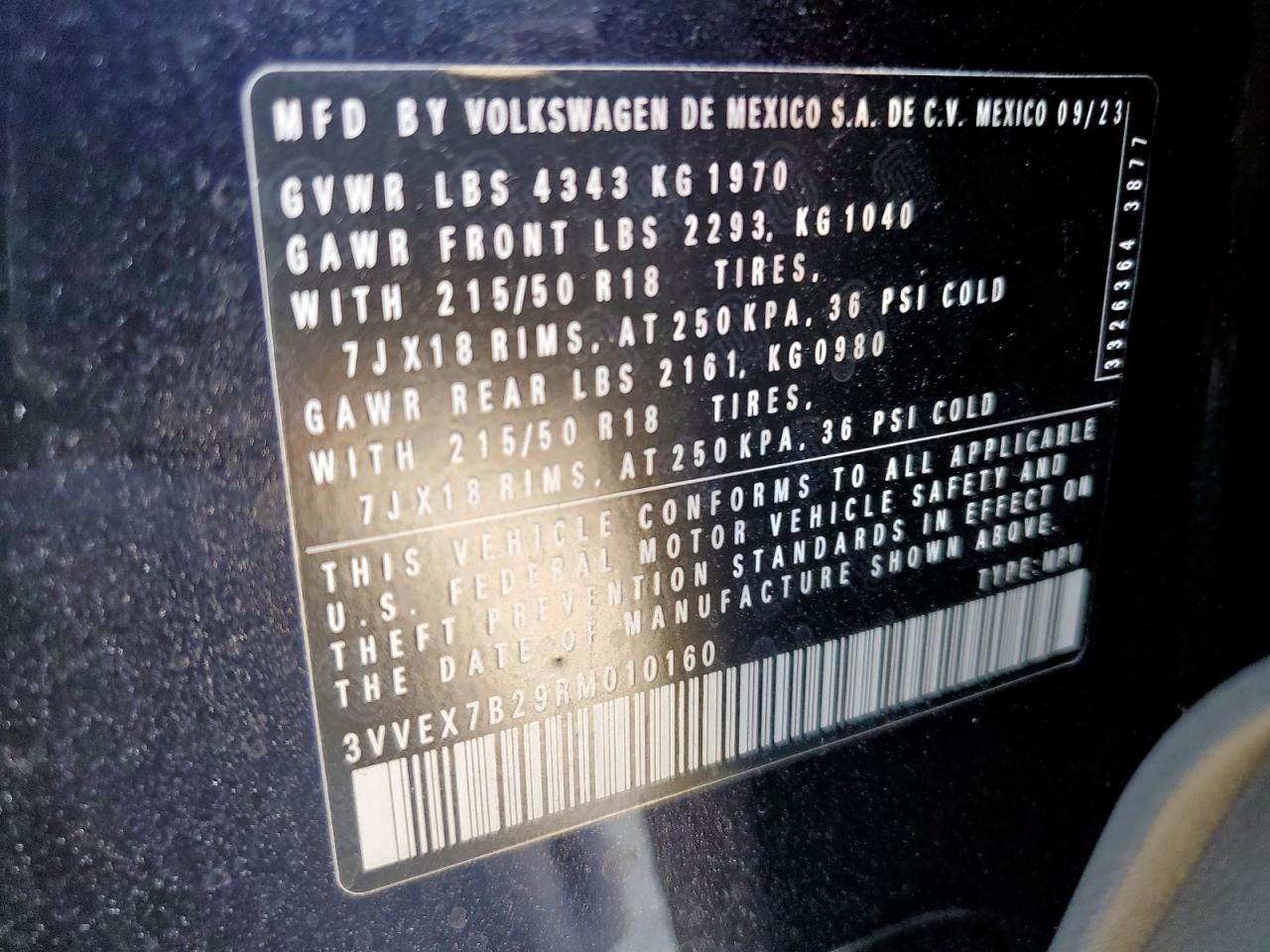 2024 Volkswagen Taos Se VIN: 3VVEX7B29RM010160 Lot: 86226575