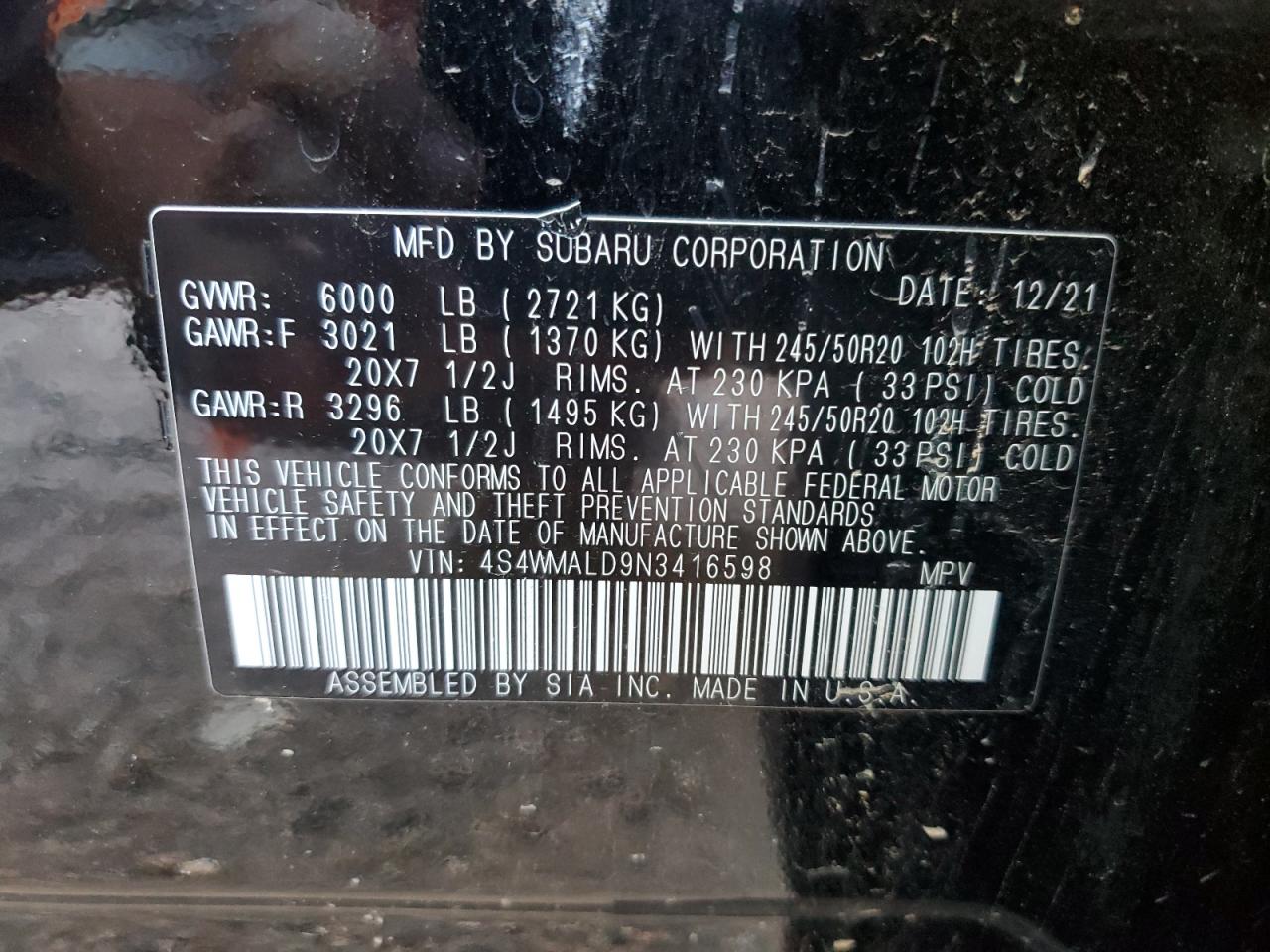 2022 Subaru Ascent Limited VIN: 4S4WMALD9N3416598 Lot: 84063835