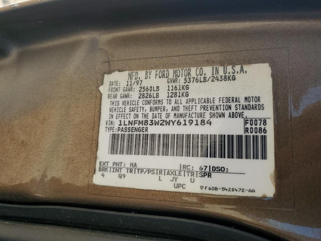 1998 Lincoln Town Car Cartier VIN: 1LNFM83W2WY619184 Lot: 87254435