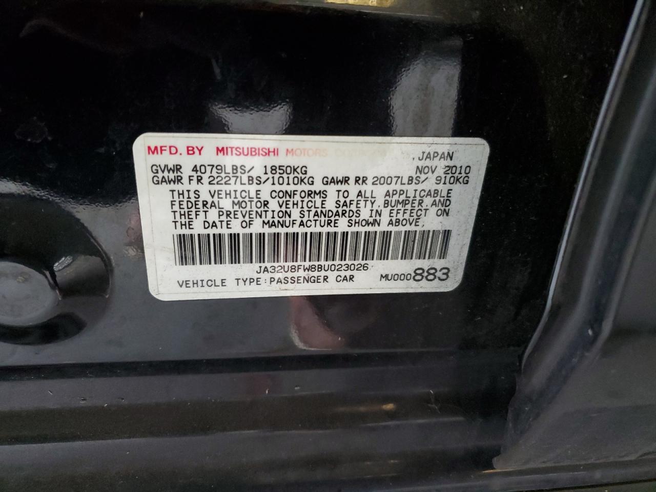 2011 Mitsubishi Lancer Gts VIN: JA32U8FW8BU023026 Lot: 85582745