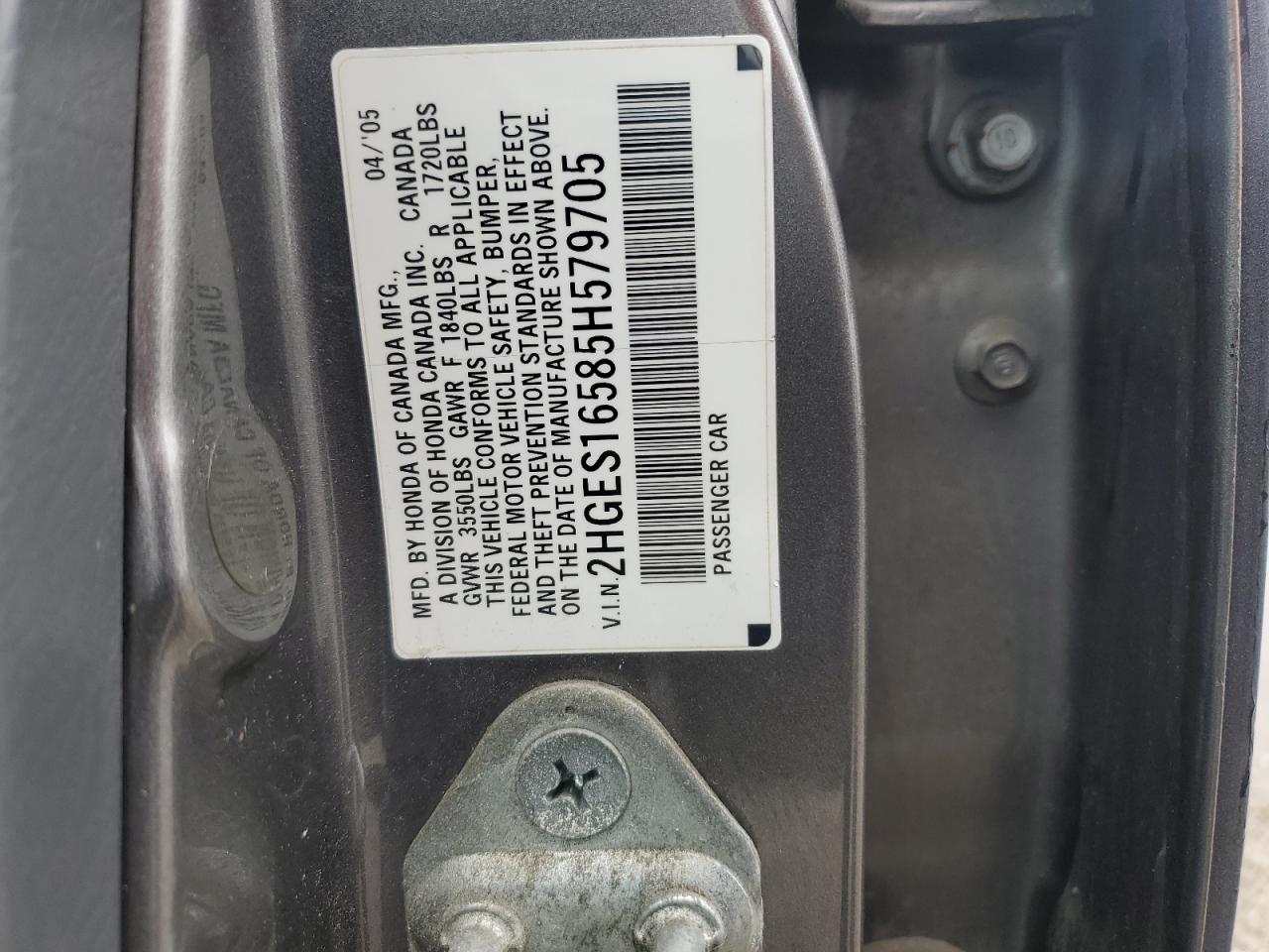 2005 Honda Civic Lx VIN: 2HGES16585H579705 Lot: 86113395